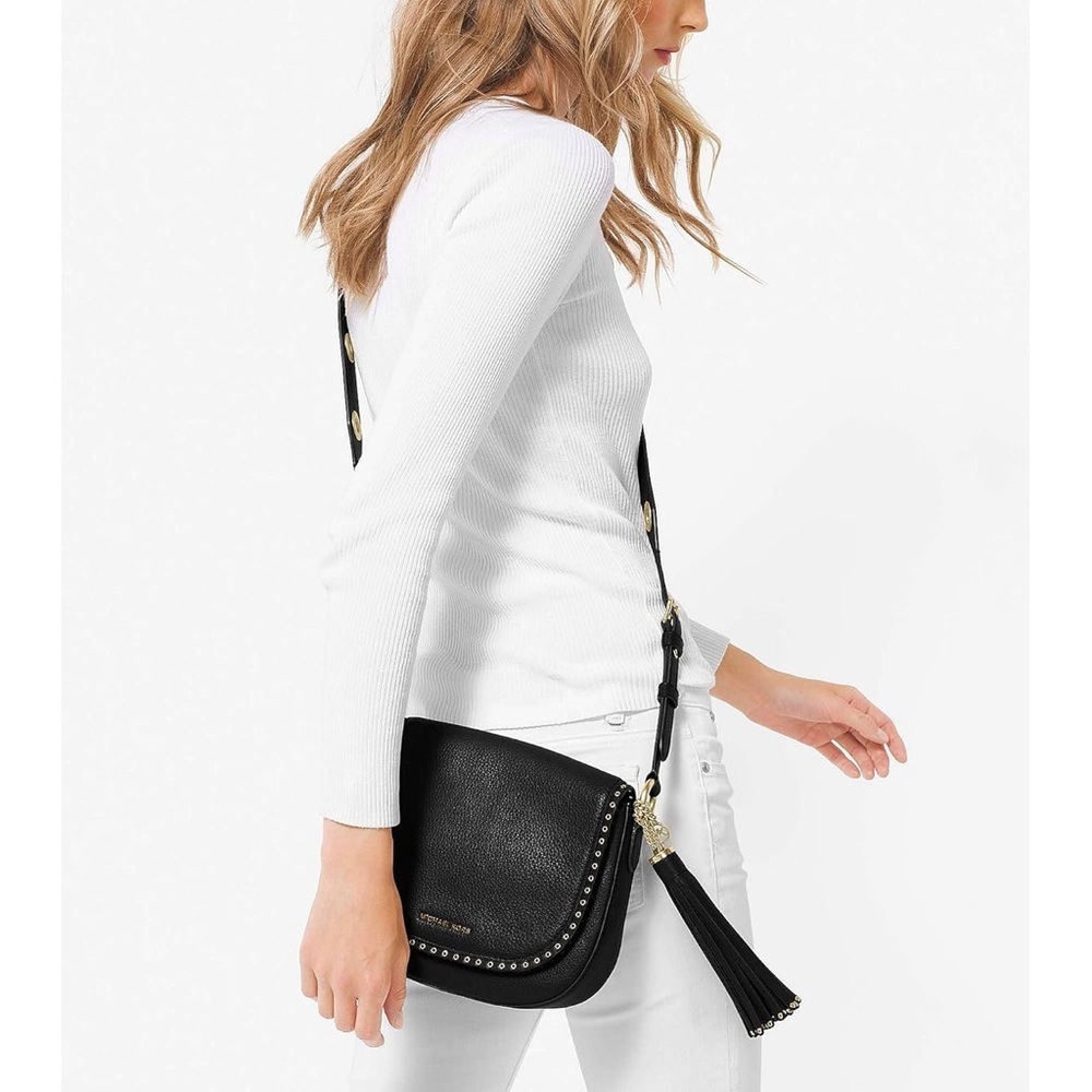 Michael Kors Brooklyn Black Gold Grommet Saddlebag Crossbody Purse Small - Picture 3 of 16
